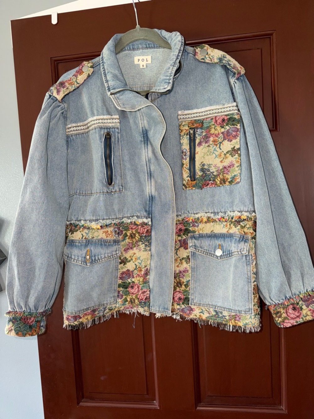 POL Light Blue Denim Jacket with Floral Tapestry Panels